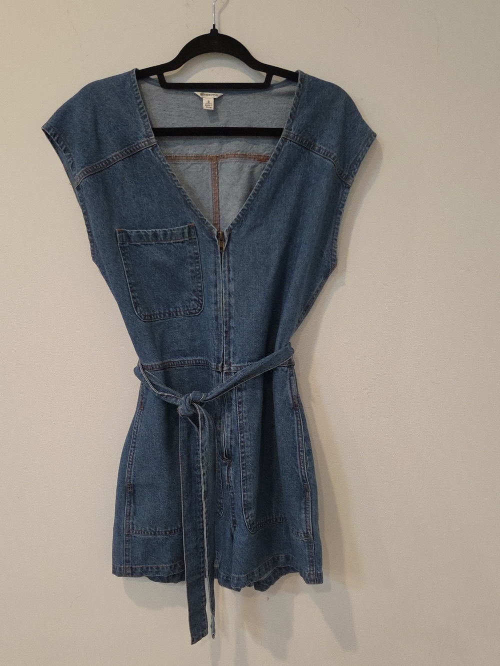 Versona Blue Denim Zip Romper with Tie Belt